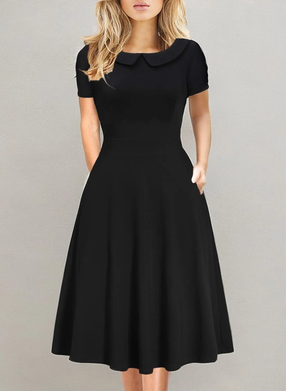 Women's Elegant Vintage Cotton Casual Floral Print Work Party Peter Pan Collar A-Line Dress with Pockets 978