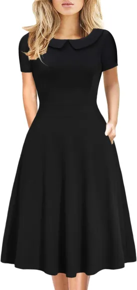 Women's Elegant Vintage Cotton Casual Floral Print Work Party Peter Pan Collar A-Line Dress with Pockets 978