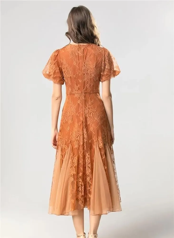 Women's Lace Sequined Evening Dress A-Line Short Sleeve Midi Summer Wedding Guest Party Dresses