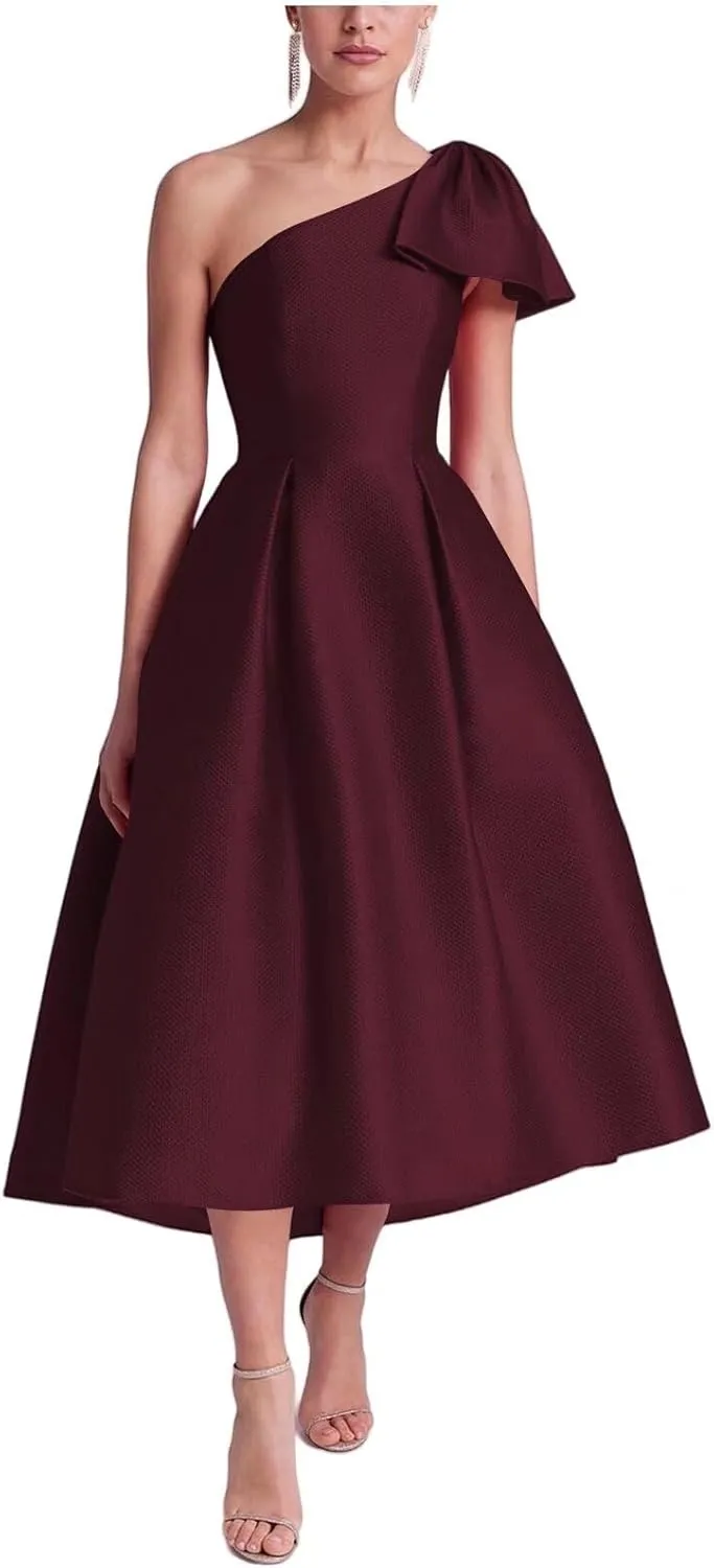 Womens Satin One Shoulder Evening Dress with Pockets Tea Length Prom Gowns for Women A Line Wedding Guest Dress