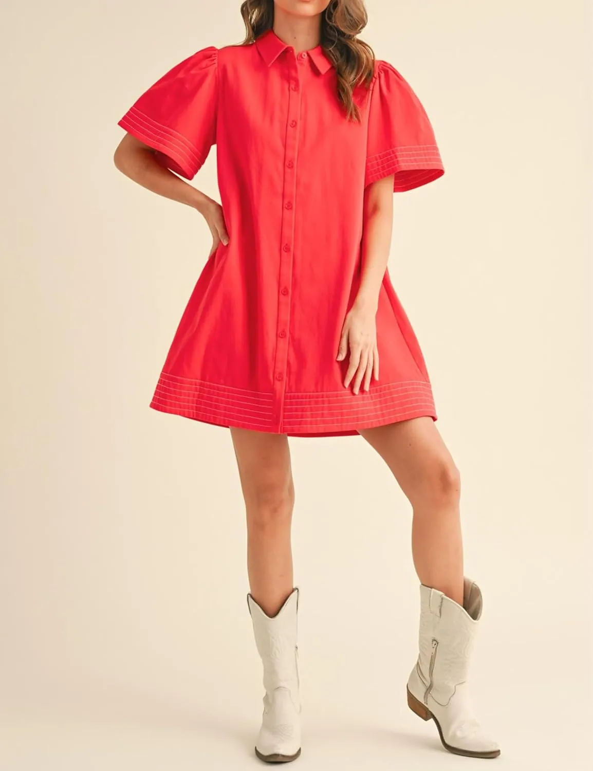 Womens Short Sleeve Button Down Mini Shirt Dress Lapel Collar Short Dresses with Pocket