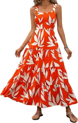 Women's Summer Boho Dress Sleeveless Square Neck Floral Print Maxi Dresses Casual High Waist Sexy Beach Dress 2025