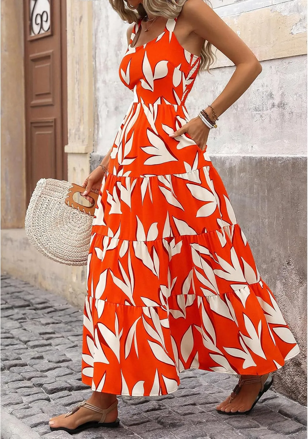 Women's Summer Boho Dress Sleeveless Square Neck Floral Print Maxi Dresses Casual High Waist Sexy Beach Dress 2025