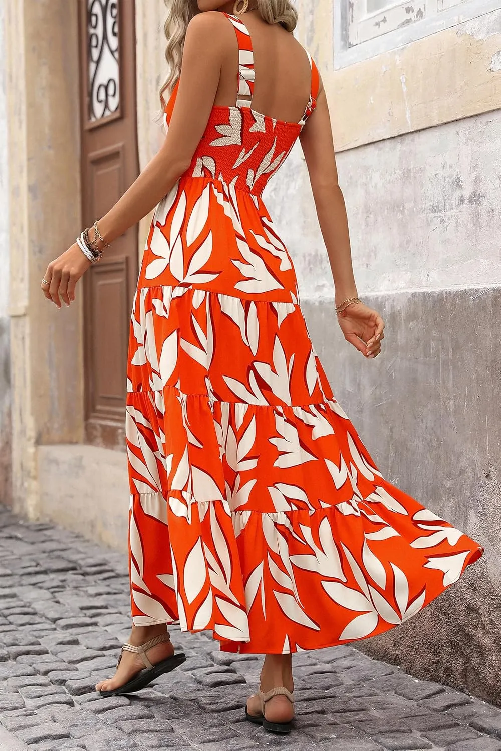 Women's Summer Boho Dress Sleeveless Square Neck Floral Print Maxi Dresses Casual High Waist Sexy Beach Dress 2025