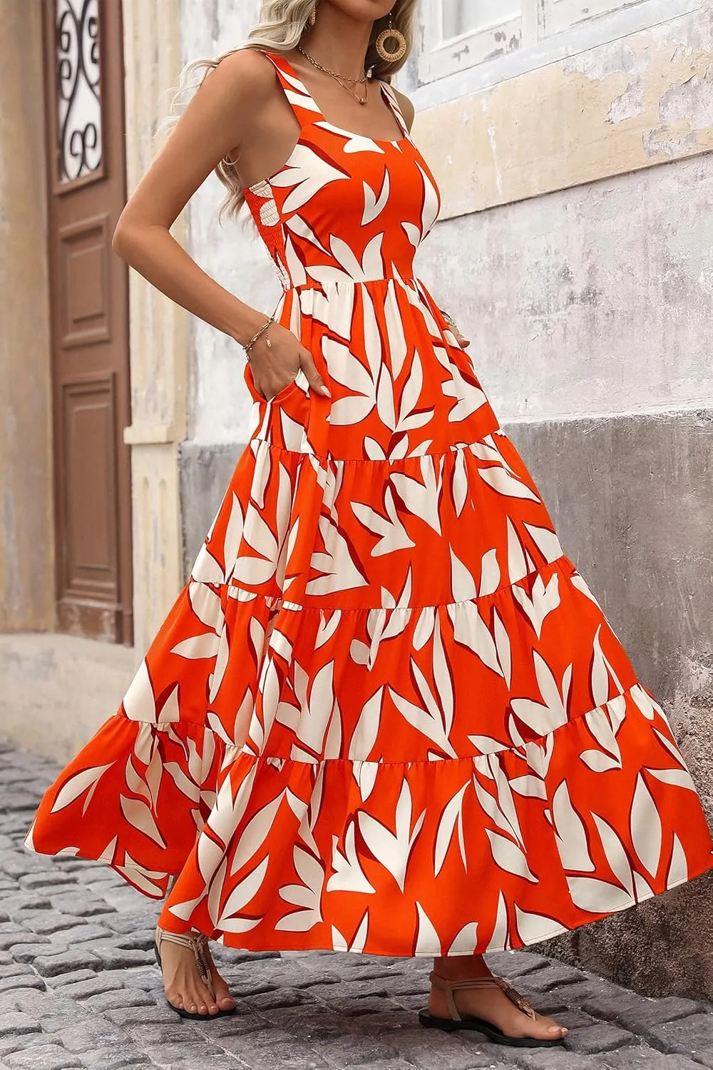 Women's Summer Boho Dress Sleeveless Square Neck Floral Print Maxi Dresses Casual High Waist Sexy Beach Dress 2025