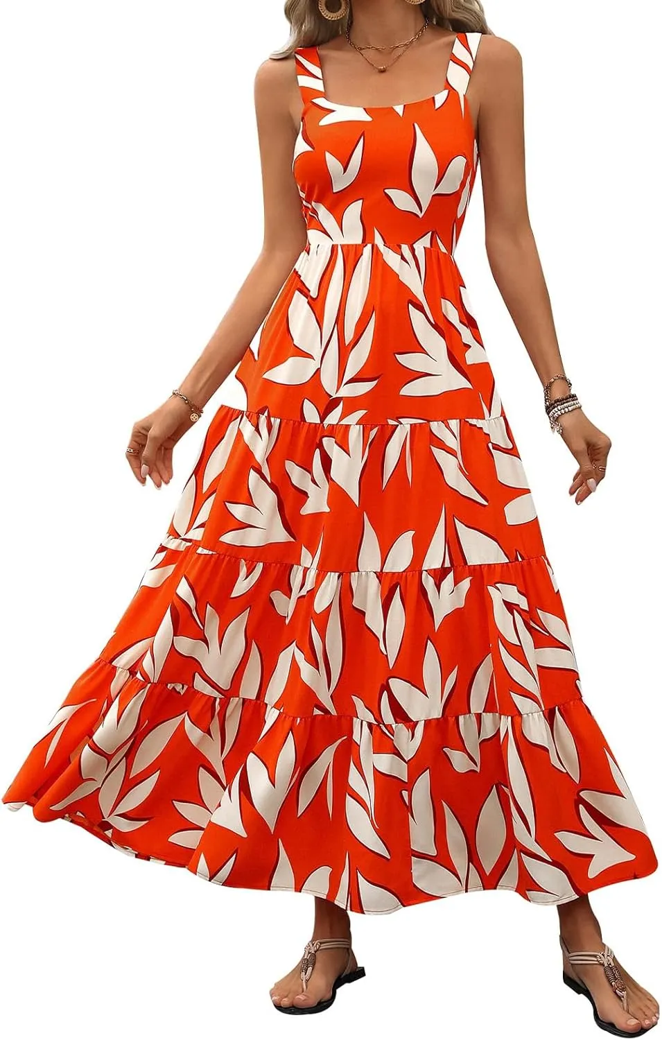 Women's Summer Boho Dress Sleeveless Square Neck Floral Print Maxi Dresses Casual High Waist Sexy Beach Dress 2025