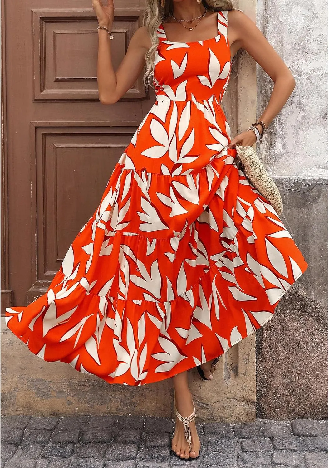 Women's Summer Boho Dress Sleeveless Square Neck Floral Print Maxi Dresses Casual High Waist Sexy Beach Dress 2025
