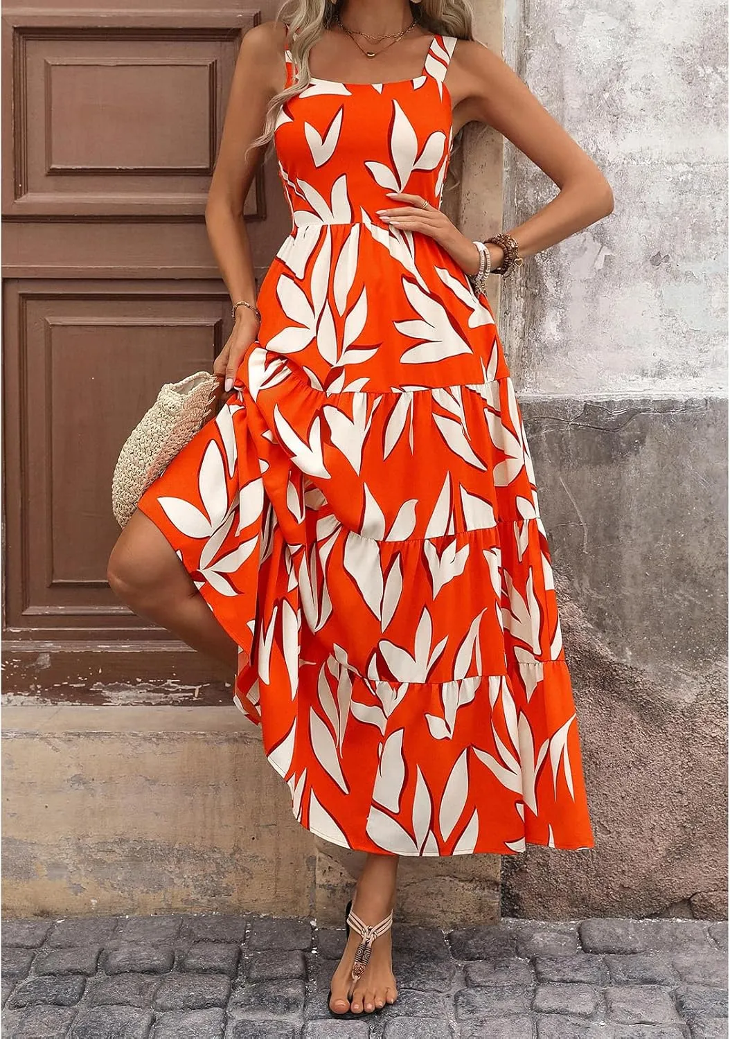 Women's Summer Boho Dress Sleeveless Square Neck Floral Print Maxi Dresses Casual High Waist Sexy Beach Dress 2025