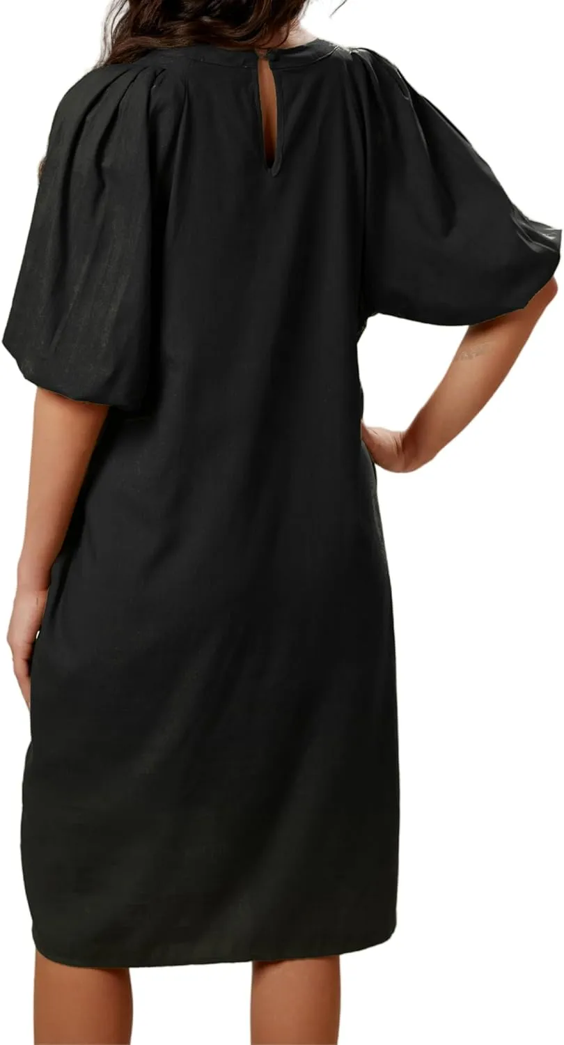 Women's Summer Linen Rayon Half Sleeve Loose Mid Dresses with Pockets