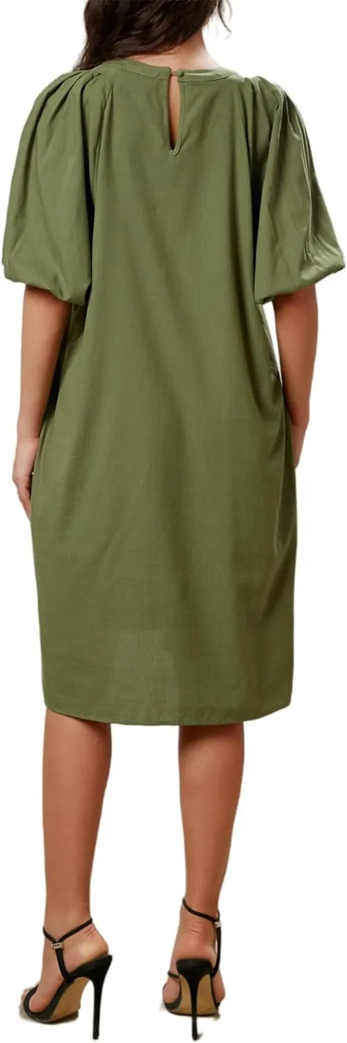 Women's Summer Linen Rayon Half Sleeve Loose Mid Dresses with Pockets