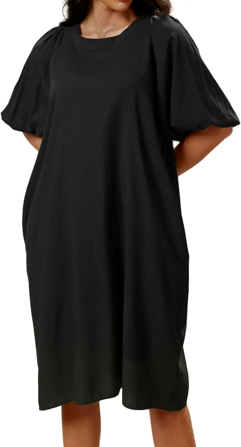 Women's Summer Linen Rayon Half Sleeve Loose Mid Dresses with Pockets