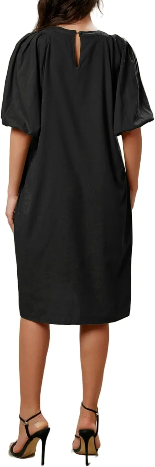 Women's Summer Linen Rayon Half Sleeve Loose Mid Dresses with Pockets