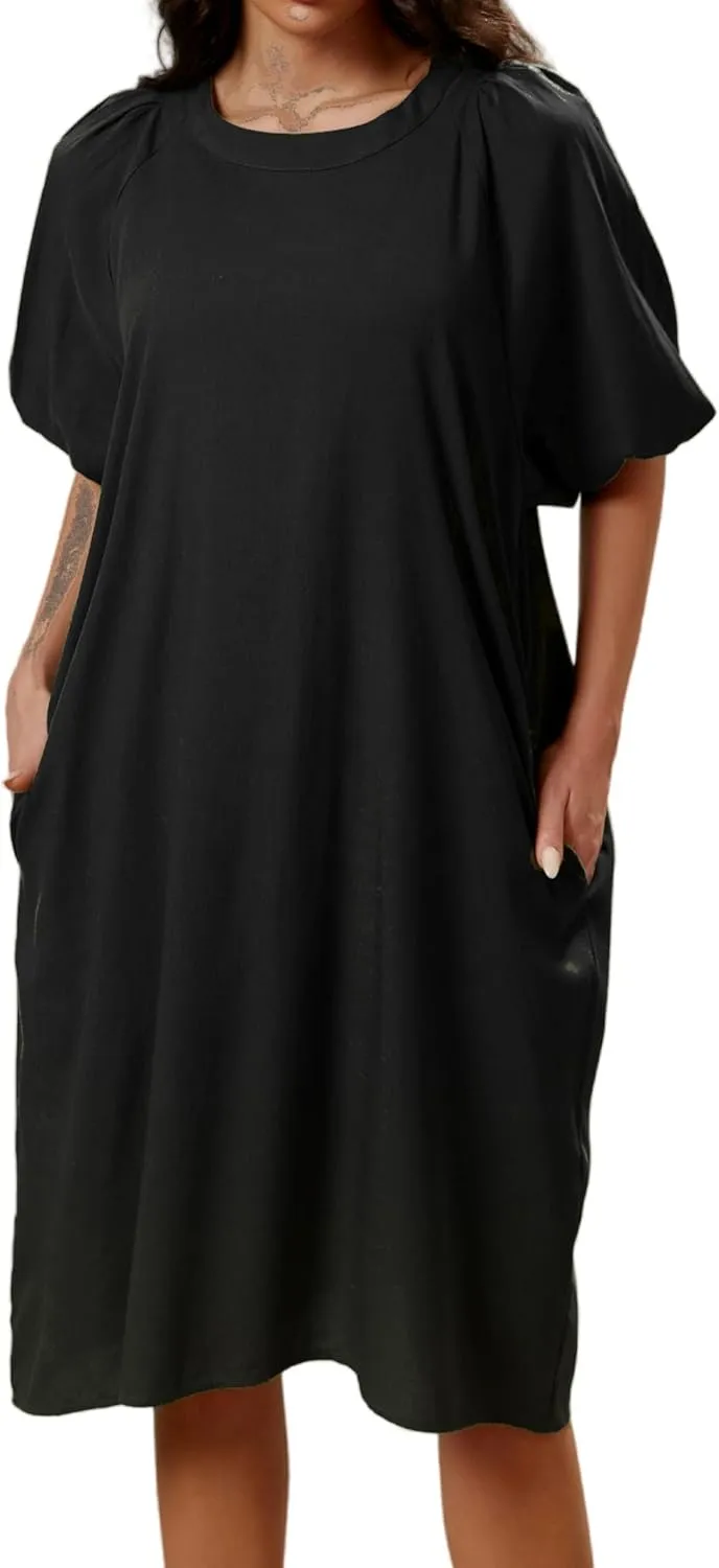 Women's Summer Linen Rayon Half Sleeve Loose Mid Dresses with Pockets