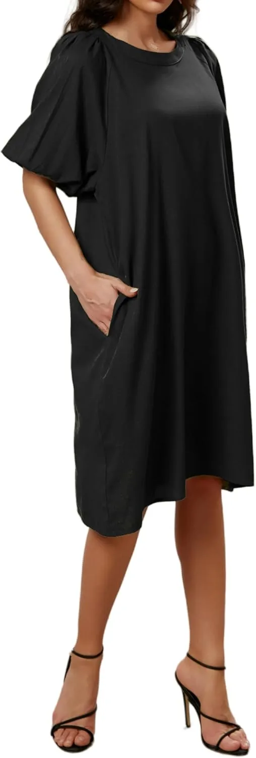 Women's Summer Linen Rayon Half Sleeve Loose Mid Dresses with Pockets