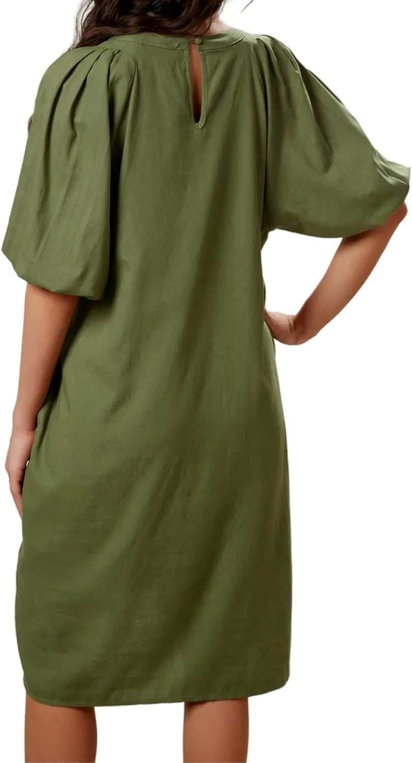 Women's Summer Linen Rayon Half Sleeve Loose Mid Dresses with Pockets