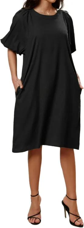 Women's Summer Linen Rayon Half Sleeve Loose Mid Dresses with Pockets