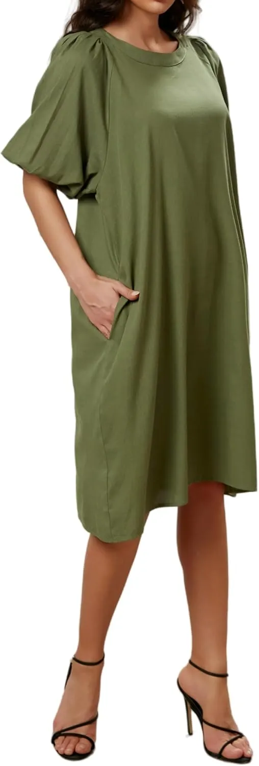 Women's Summer Linen Rayon Half Sleeve Loose Mid Dresses with Pockets