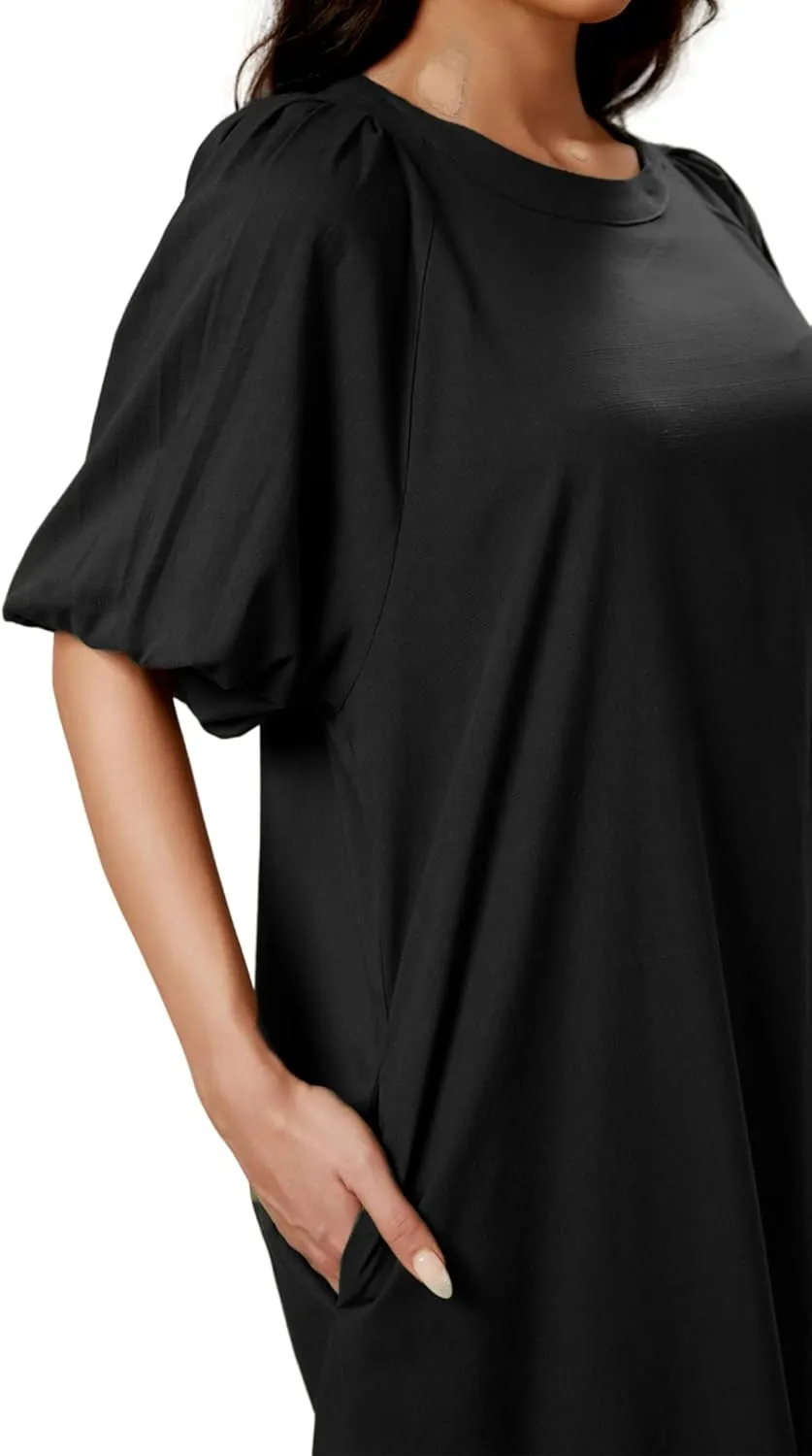 Women's Summer Linen Rayon Half Sleeve Loose Mid Dresses with Pockets