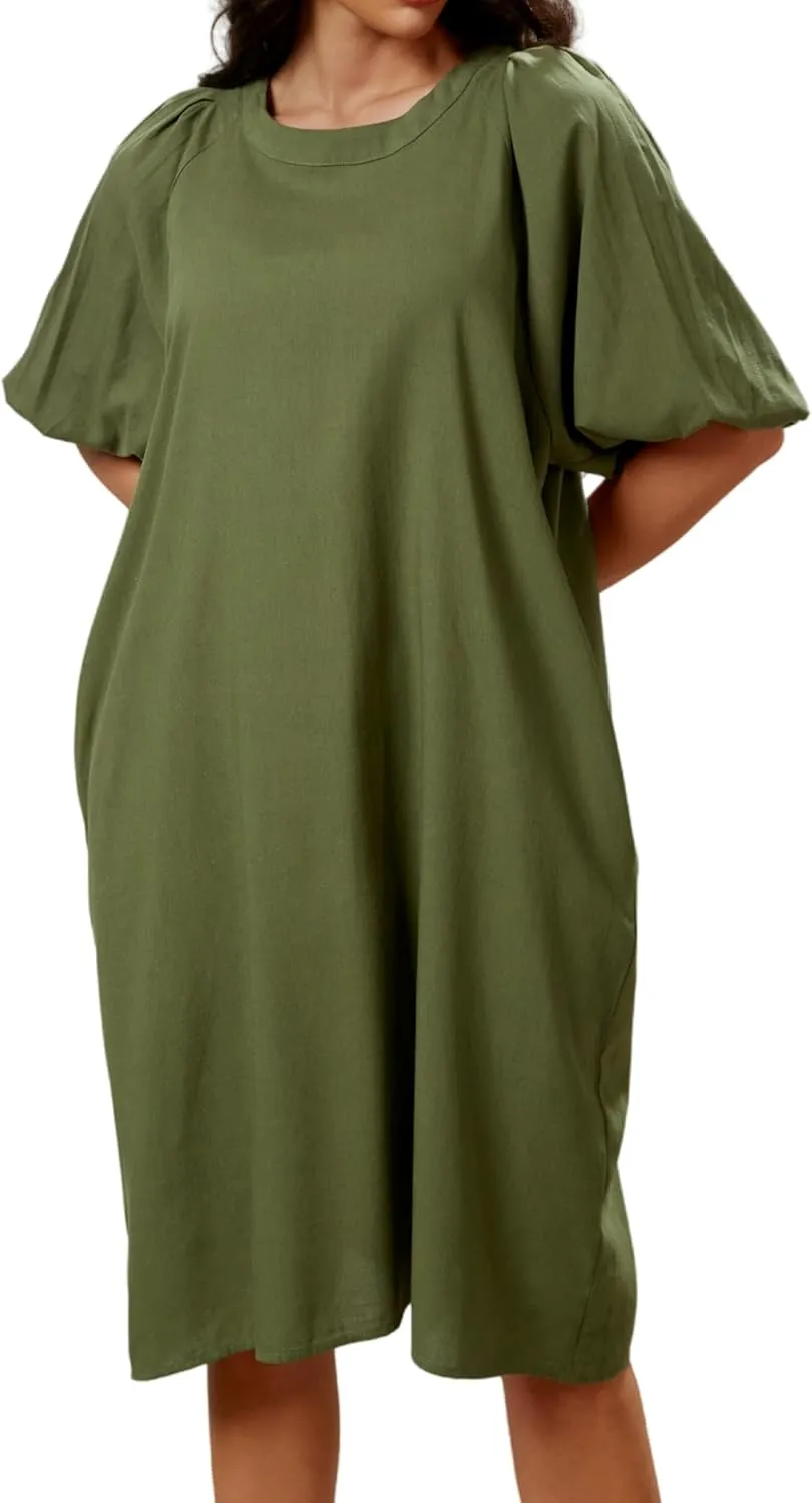 Women's Summer Linen Rayon Half Sleeve Loose Mid Dresses with Pockets
