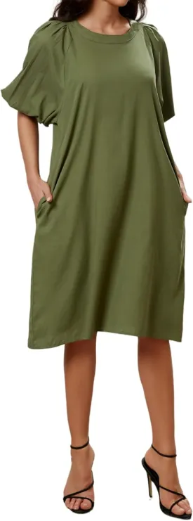 Women's Summer Linen Rayon Half Sleeve Loose Mid Dresses with Pockets