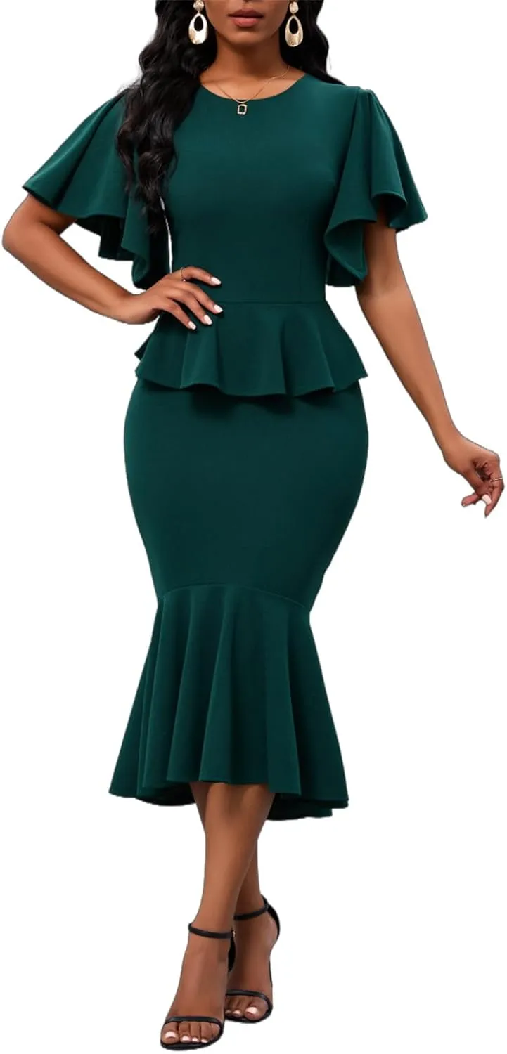 Womens Summer Ruffle Short Sleeve Fishtail Dress Evening Cocktail Formal Peplum Midi Mermaid Dresses Elegant