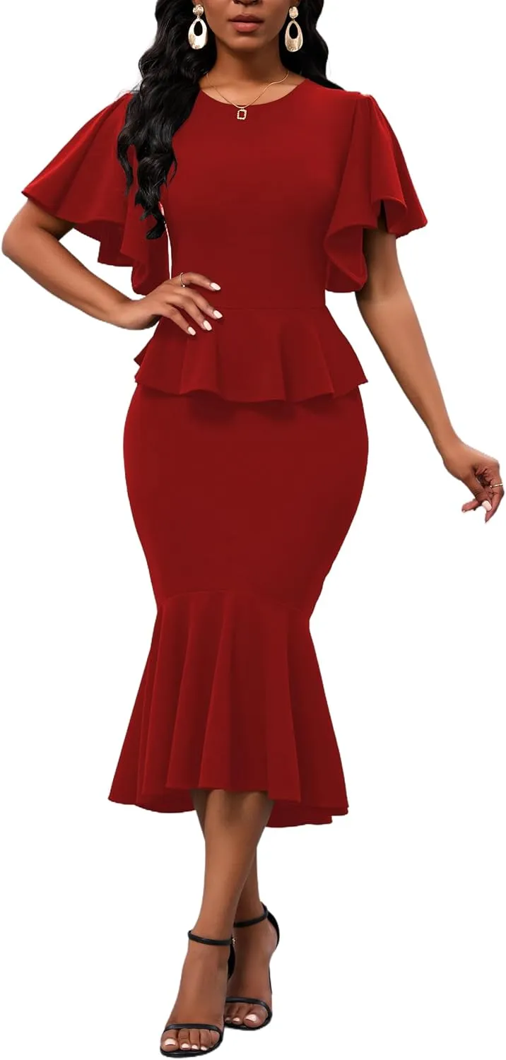 Womens Summer Ruffle Short Sleeve Fishtail Dress Evening Cocktail Formal Peplum Midi Mermaid Dresses Elegant
