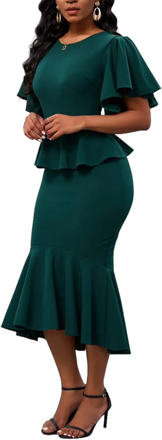 Womens Summer Ruffle Short Sleeve Fishtail Dress Evening Cocktail Formal Peplum Midi Mermaid Dresses Elegant