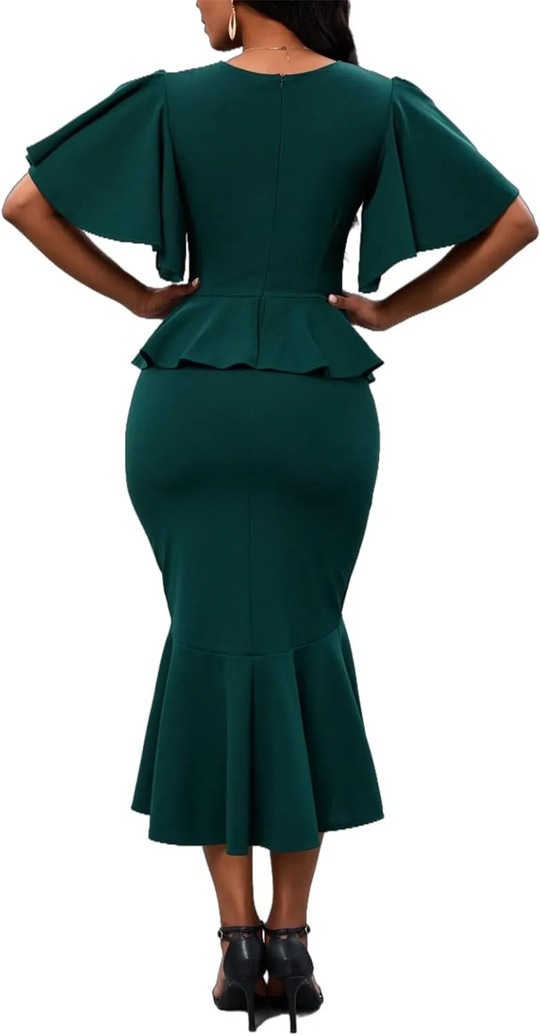 Womens Summer Ruffle Short Sleeve Fishtail Dress Evening Cocktail Formal Peplum Midi Mermaid Dresses Elegant
