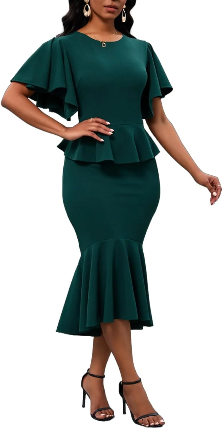 Womens Summer Ruffle Short Sleeve Fishtail Dress Evening Cocktail Formal Peplum Midi Mermaid Dresses Elegant