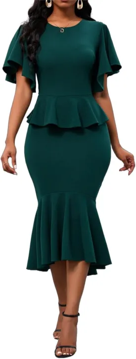 Womens Summer Ruffle Short Sleeve Fishtail Dress Evening Cocktail Formal Peplum Midi Mermaid Dresses Elegant