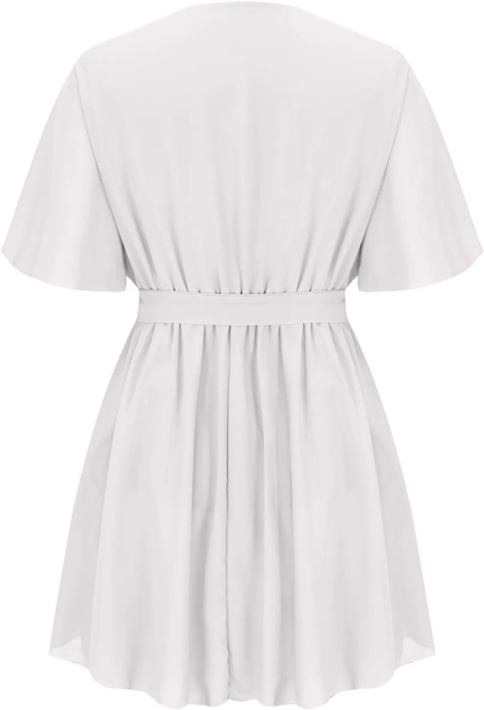 Womens Wrap V Neck Short Flared Sleeve Wedding Guest Dress Smocked Elastic Waist Solid Belted Ruffle Hem Mini Dresses