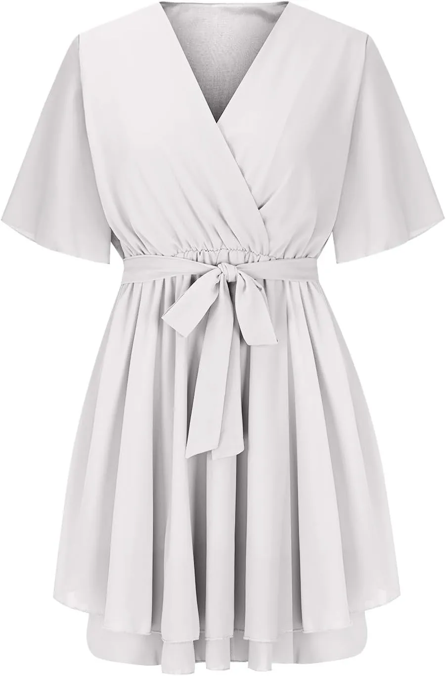 Womens Wrap V Neck Short Flared Sleeve Wedding Guest Dress Smocked Elastic Waist Solid Belted Ruffle Hem Mini Dresses